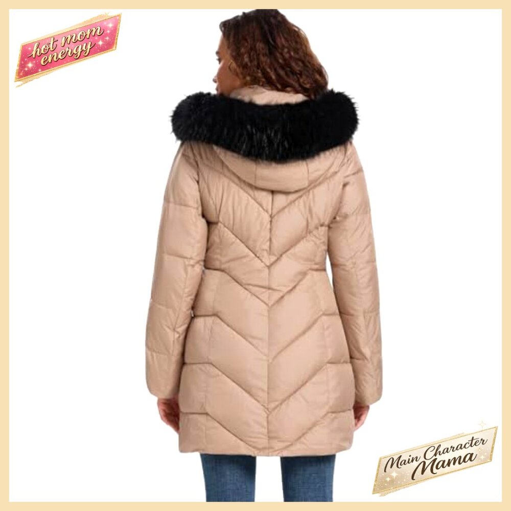 Women's Long Down Puffer Coat with Detachable Faux Fur Hood, Winter Parka - Picture 2 of 6